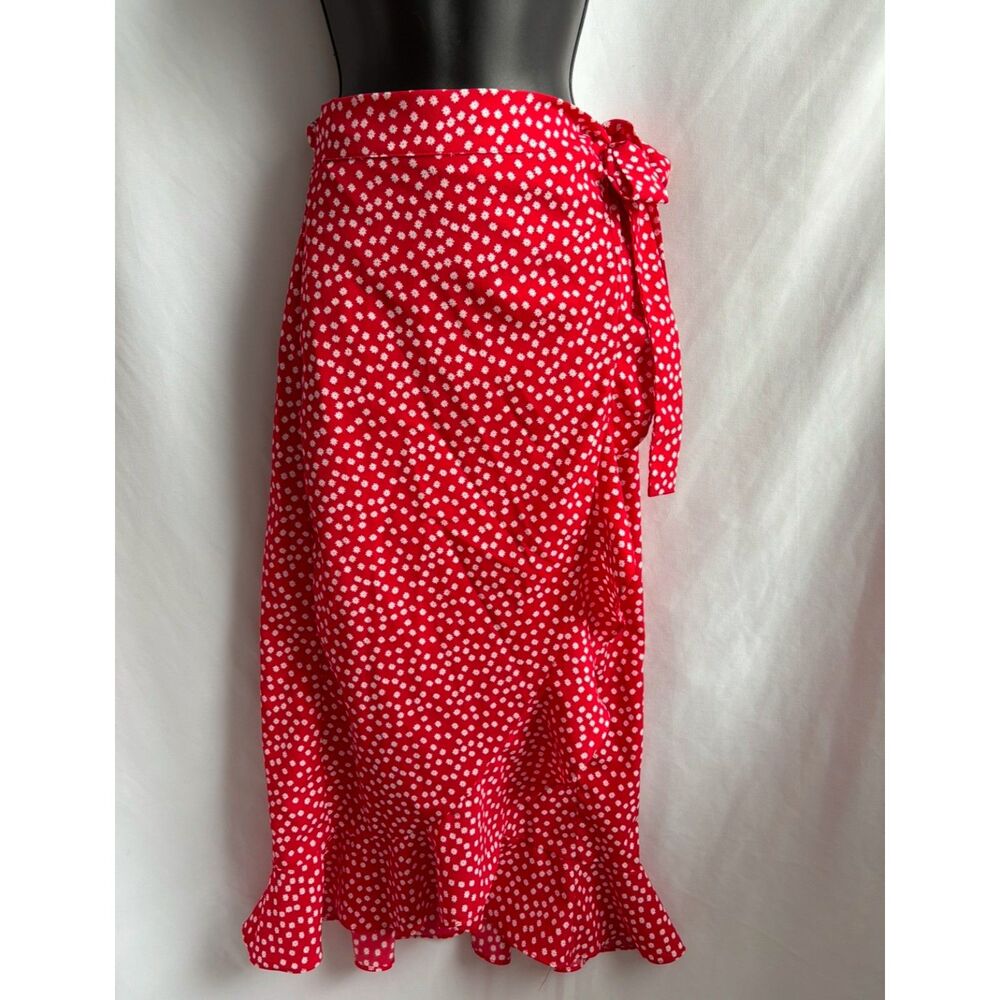 Shein Red Floral Wrap Midi Skirt Ruffle Trim Size M/6 Cottagecore Prairie Cute
